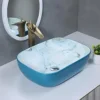 SEA SHORE Premium Designer Table Top Ceramic Wash Basin For Living Room/Countertop Vessel Sink with Slim Rim for Bathroom (46.5x32.5x13 CM, Cyan & White Blue)
