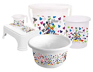 Kuber Industries Disney Team Mickey Print Plastic Bathroom Set with Bucket, Tub, Stool, Dustbin & Mug (White, Set of 5 Pieces)-KUBMARTS15273 -HS_35_KUBMARTS17529