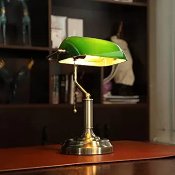 Virya Traditional Banker Lamp Antique Style Emerald Green Glass Desk Light Satin Brass Finish Metal Pull Cord Switch Attached,E26 Base,Vintage Desk Lamp for Office, Study Room (Without Bulb)