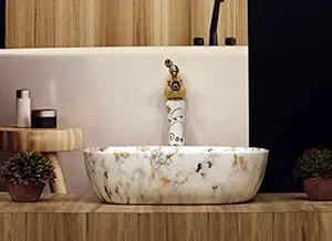 Cluster Matt Designer Ceramic Table Top/Counter Top/Wash Basin For Bathroom And Livingroom Decor, White Marble, Rectangular Shape Basin (18 x 12.5 x 5.3 Inch)