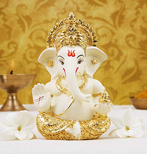 Apka Mart The Online Shop Ganesh Statue with Marble Look | Ganesha Murti with Premium Finish | Ganpati Idol - Puja, Home, Office Desk, Table Decor, Diwali Gift - 6 Inch (White, Resin)