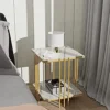 Akifi Craft Marble Top Side Table Gold 2 Tier Square White End Table Sintered Stone Marbles Tabletop Modern Small Bedside with Metal Golden Leg Nightstand Sofa Accent Table Home Furniture: (Style-2)
