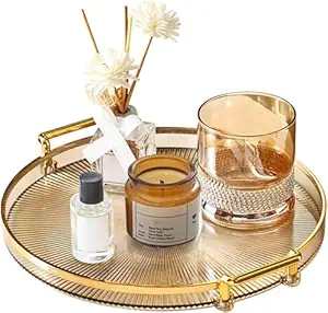 Deoxys Serving Tray with Golden Handles, Acrylic Decorative Tray, Round Coffee Table Tray, Contemporary Decorative Table Tray, for Home, Restaurant, Table, Bar Drinks, Breakfast, Fruit