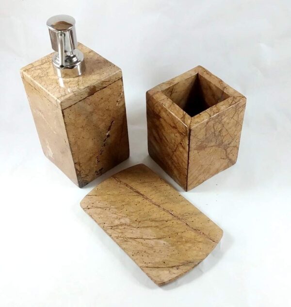 A ONE DESIGN Golden Brown Stone Marble Bathroom Accessories/Bath Accessories Set of 3 Includes Soap Dispenser, Toothbrush Holder, Soap Dish