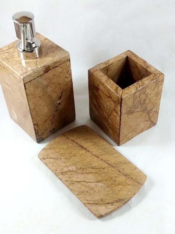 A ONE DESIGN Golden Brown Stone Marble Bathroom Accessories/Bath Accessories Set of 3 Includes Soap Dispenser, Toothbrush Holder, Soap Dish