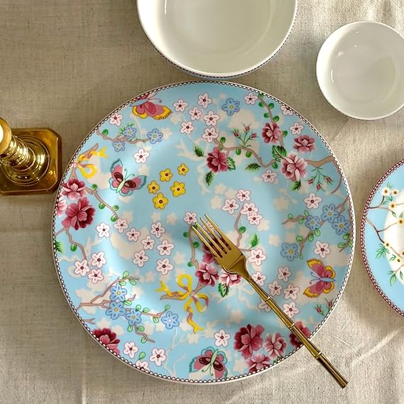 GOLDEN QUEEN'S Handcrafted Dinner Plates: Set of 2 | Perfect for Hosting and Daily Meals | Microwave Safe Plates | 10.5 inch | Serves 2 (Blue Birdie Dinner Plates)