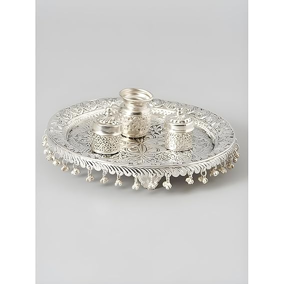 German Silver Pooja Thali with Kumkum Box, Full Ghungroo Layer Home/Mandir,Decorative Pooja Plate Set for Karwa Chauth,Navratri,Dussehra,Diwali,Goverdhan Pujan,Bhai Dooj & Wedding & Gifts Items