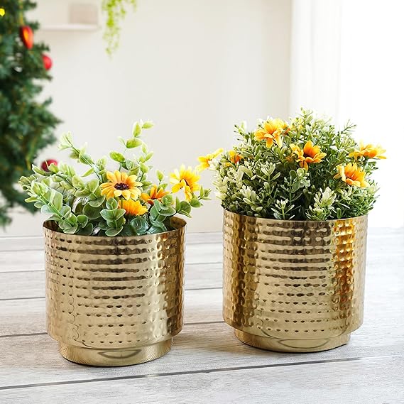 BEHOMA Metal Hammered Golden Mini Table top Planter for Home Decoration | Plant Pots for Home Living Room Bedroom Office Decor | Set of 2 (Plants not Included)
